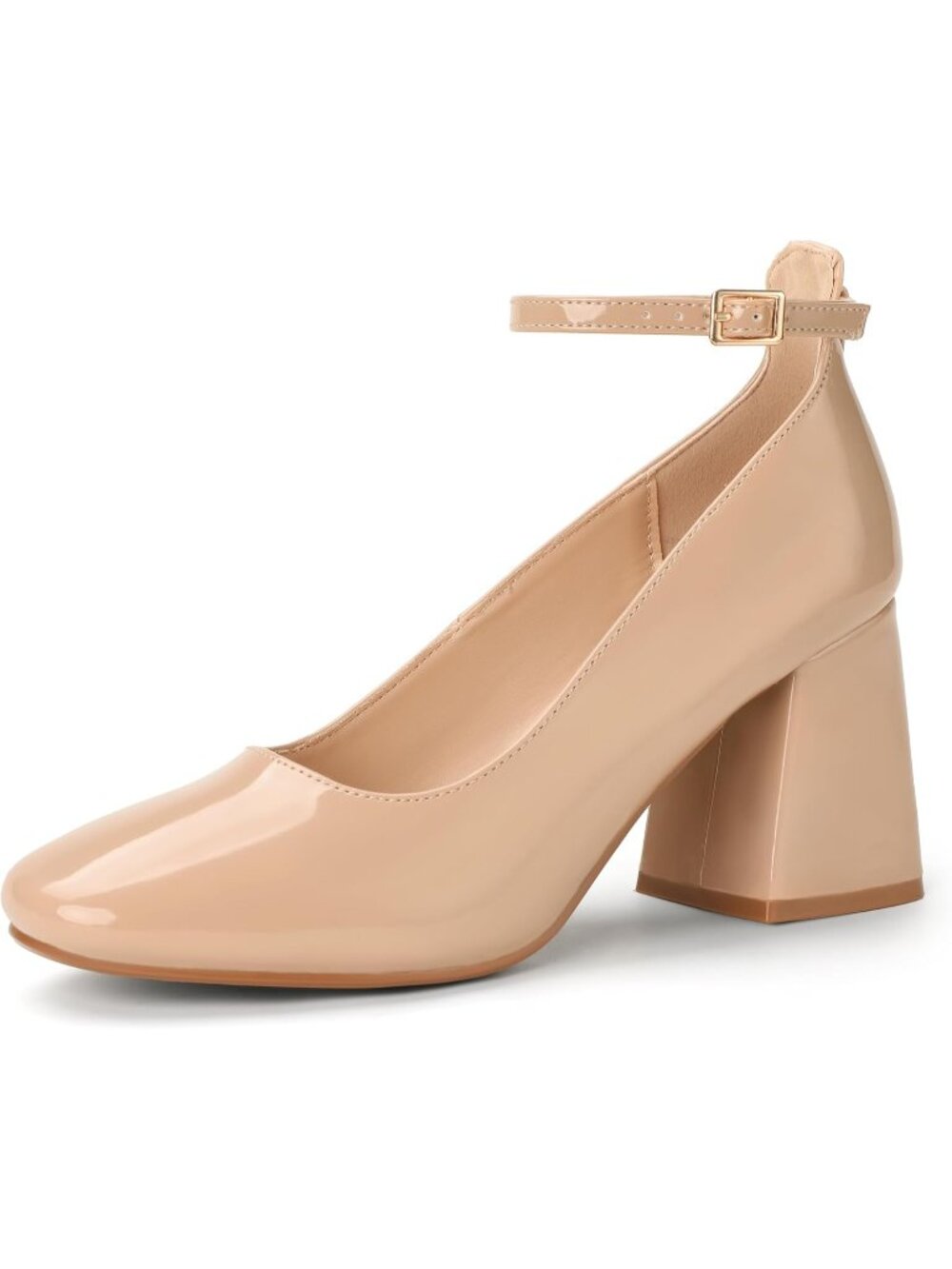 Women's Nude Comfortable Closed Toe Low Block Ankle Strap Pumps Chunky Heels